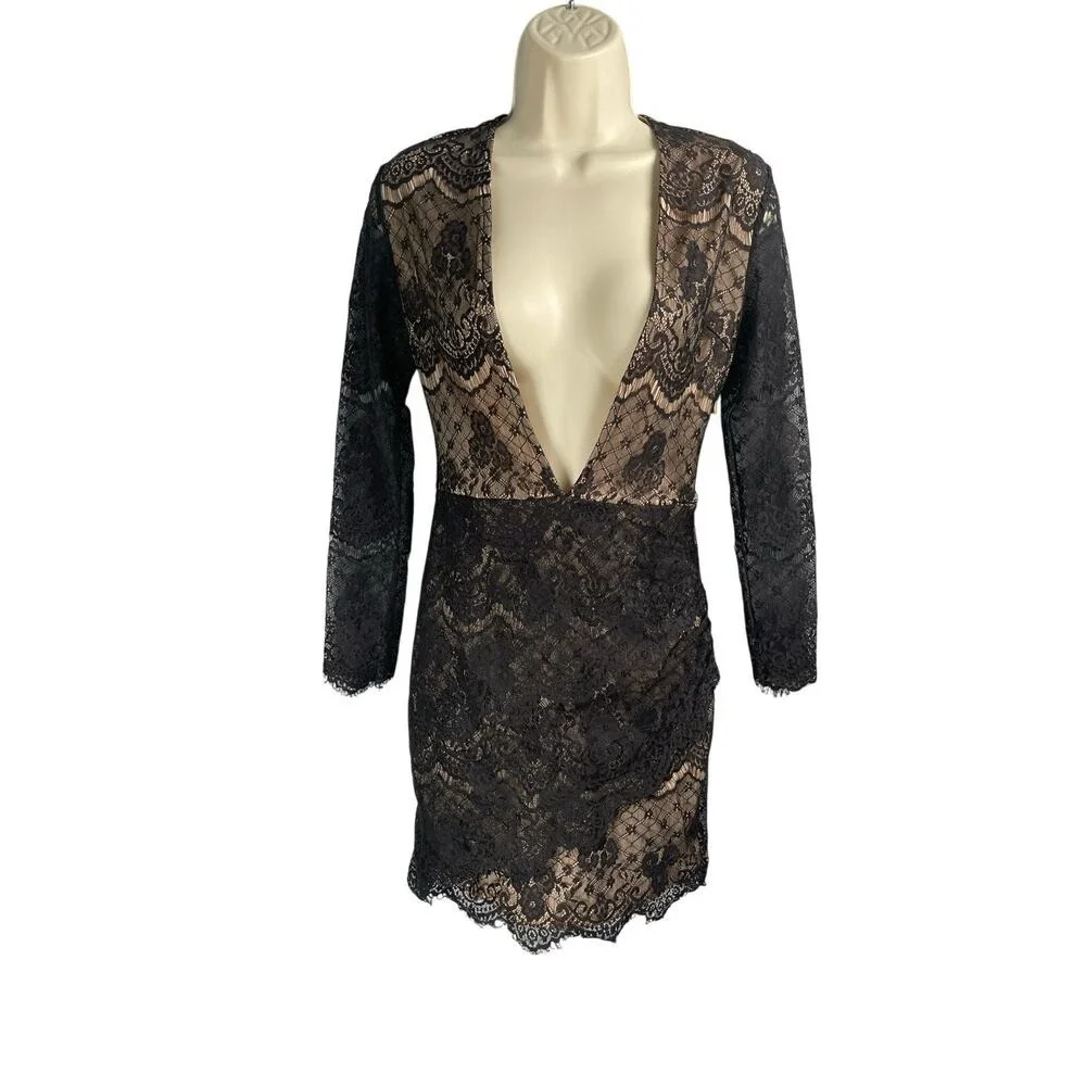 Charlotte Russe Dress S Nude Black Lace Plunging Mini Y2K Dark Romantic Goth
